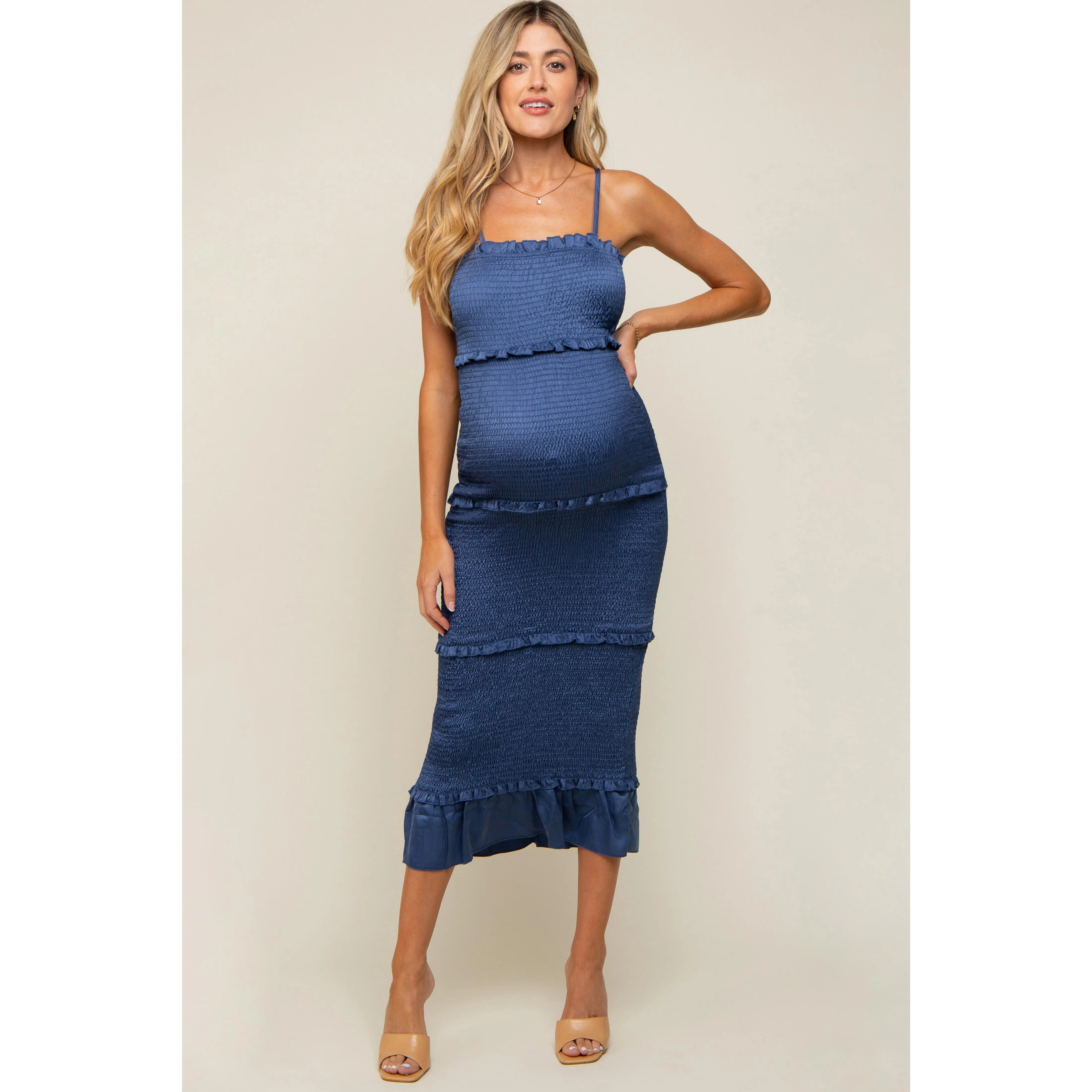 Blue Satin Smocked Fitted Maternity Maxi Dress, Pregnancy Outfits, Maternity Shoot Outfits
