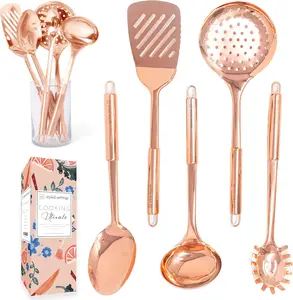 Copper Cooking Utensils Set – 5-Piece Rose Gold Stainless Steel Kitchen Tools for Cooking and Serving Includes Ladle, Spoon, Pasta Fork, Spatula, and Skimmer – Stylish Copper Kitchen Accessories