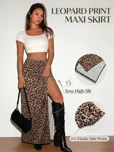 Cyber-Y2K Retro Leopard Print Maxi Skirt — Edgy High Side Slit, Ruched Bodycon Fit, Perfect for Grunge and Baddie Styles | Viral TikTok Trend, 2026 Y2K Revival, Soft Stretchy Fabric, Slaying Cool Girl Look