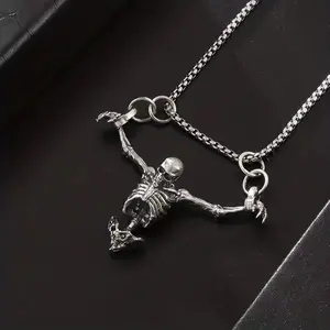 Punk Skeleton Skull Prisoner Stainless Steel Pendant Necklace, Dainty Layered Personalized Design Gothic Chain Jewelry Necklaces for Women