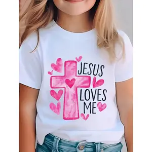 Girls' Cotton Crew Neck T-Shirt With "Jesus Loves Me" Cross Design - Geometric Pattern, Breathable Knit Fabric, Regular Fit, All-Season Casual Top, Shirts For Girls