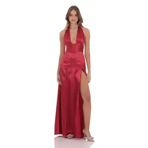 Satin Halter Maxi Dress in Red