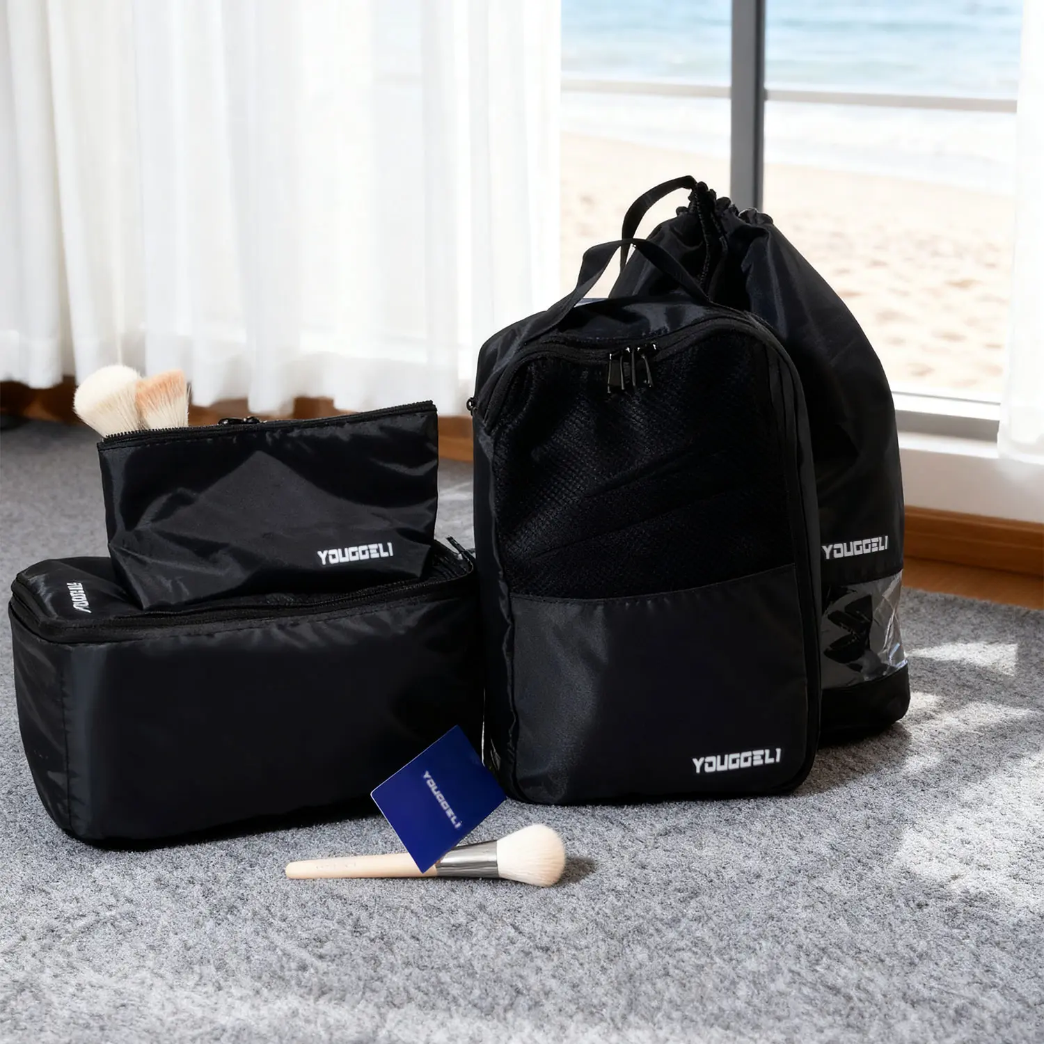 4-Piece Travel Luggage Organizer Set – Drawstring Bag, Toiletry Sample Pouch, Expandable Bag, Waterproof Storage Bag – Perfect for Packing, Suitcase Organization, and Carry-On Essentials