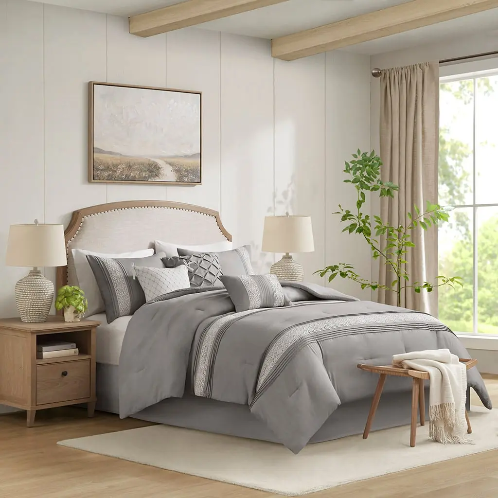 360 Stand Queen Size 7-Piece Transitional Microfiber Bedding Set - Lacey Trim, Pintuck Detail, Polyester Fill, Throw Pillows, Machine Washable, 90x90x1.5in Grey Comforter Set, Comfy Bedding Set, Decorative Bedding Set