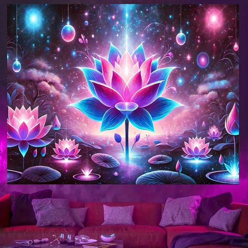 Lotus tapestry UV reaction fluorescence - Vibrant 3D polyester wall hanging, activated by black light, suitable for decoration in living rooms, bedrooms, offices, party art, office decoration. Art tapestry, polyester fabric, for lotus decoration.