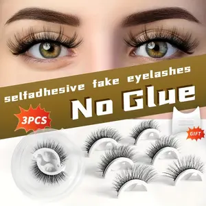 A Set of 3 Pairs Self-Adhesive False Eyelashes — Pre-Glued, Reusable, Easy-to-Apply Cat Eye, Natural, Crisscross, Fluffy and Ultra-Volume Styles with B/C Curl and Varying Lengths (6-9mm, 10-12mm, 13-15mm), Suitable for Beginners