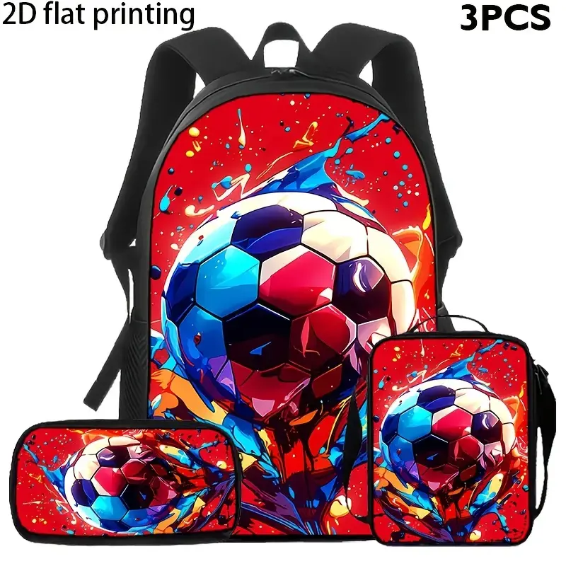 Kids' 3-Piece Polyester Soccer Backpack Set - Colorful Red Paint Splash Design, Adjustable Straps, Matching Lunch Bag, Pencil Case, Faceted Ball Accent, School Travel Practice Gift