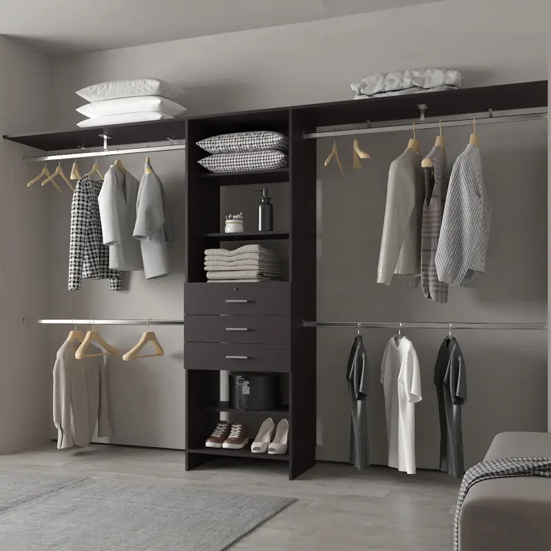 FM FURNITURE Geek Modular Closet Organizer System with Hanging Rods Shelves and Drawers Wengue