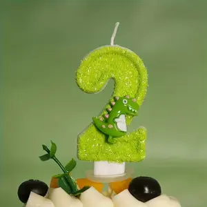 1pc Dinosaur Number Birthday Candles 0-9 with T-Rex Design - Jurassic World Theme Cake Toppers for Dino Party Supplies - Sparkly Green Prehistoric Animal Numeric Candle for Wild One Celebration - Sturdy Base Cake Decor