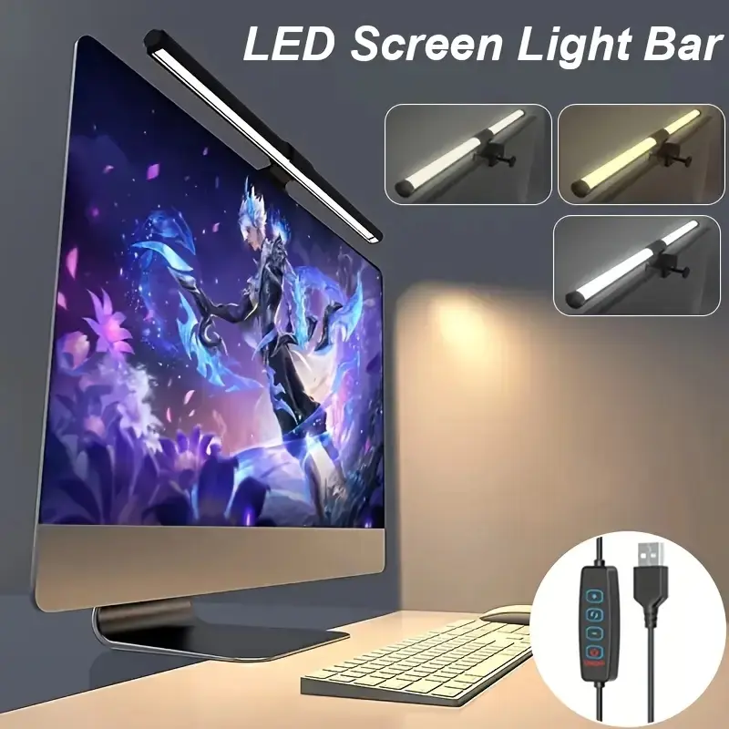 LED Monitor Light Bar with USB-Power, RGB-like Effect (White/Yellow/Blue Shades), Brightness Adjustment, Dimmable Lighting, Adjustable Lighting, Compact Desk Lamp for Gaming, Streaming, Office, Home, Modern Computer Lamp