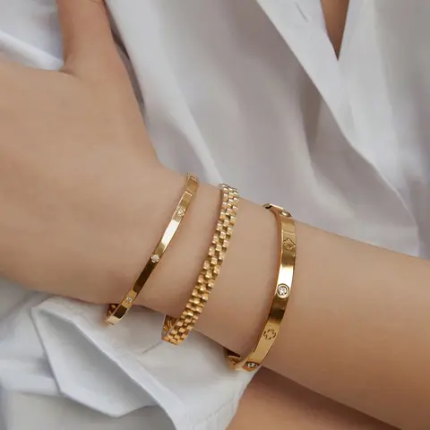 18K Gold Plated Stainless Steel Stackable Bracelet With Clover Design, Fashion Style for Women, Suitable For Party, Holiday, Birthday and Wedding, Valentine's Day Gift, Fashion Bracelets