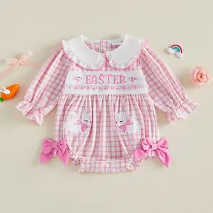 Infant Baby Girl Easter Plaid Romper Puff Long Sleeve Doll Collar Bunny Letters Embroidery Bow Jumpsuit 0-18 Months