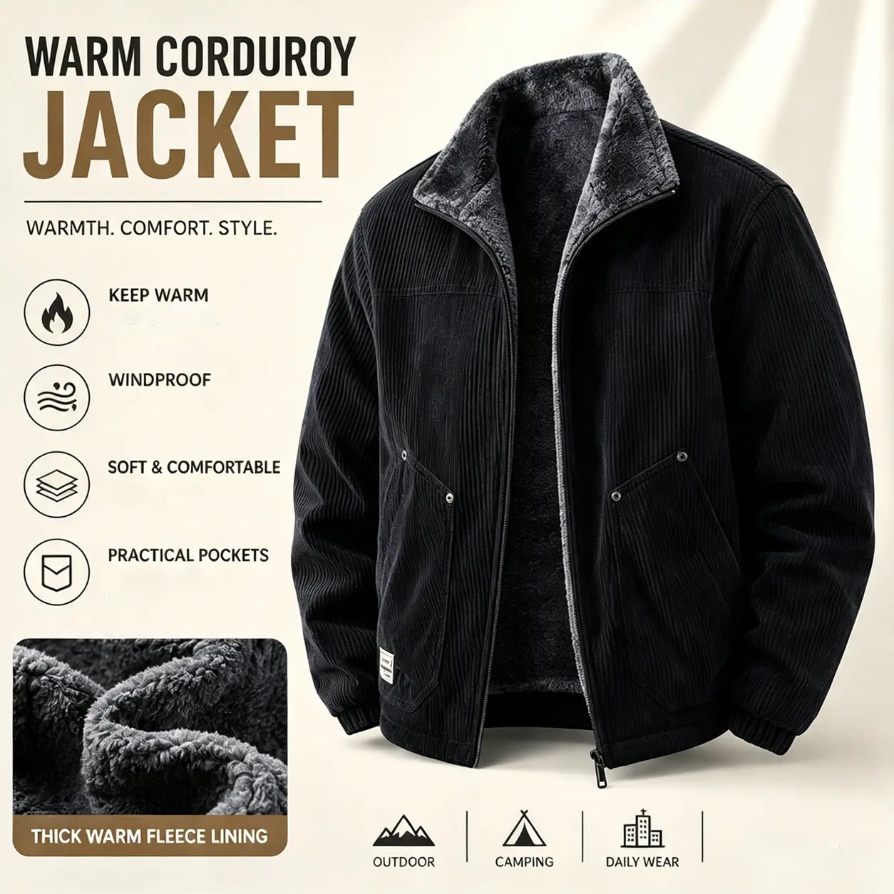 Men's fleece-lined winter jacket with turn-down collar, warm vintage workwear style