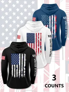 Men's American Flag Print Hooded Long Sleeve T-Shirt Set, Comfortable Breathable Fabric, Casual Spring & Fall Wear, Graphic Print Athletic Hoodie
