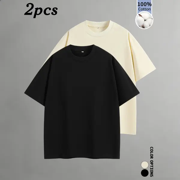 2-pack men’s pure cotton short sleeves for summer, 100% cotton fabric that absorbs sweat and is breathable, resists pilling even after prolonged wear, loose casual fit that’s versatile—ideal for daily commuting, street casual style, and home wear.