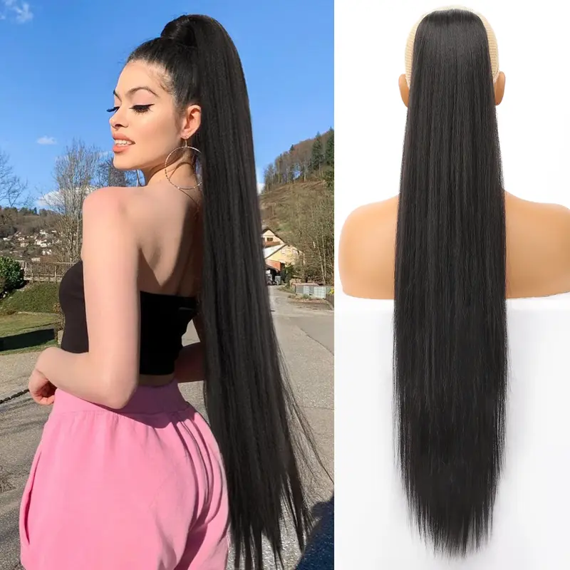 Kookastyle Ponytail Extensions Drawstring Long Straight Fake Pony Tail Natural Soft Clip in Hair Extension Synthetic Heat Resistant Hairpiece 32 Inch