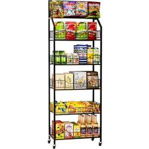 5 Tier Retail Storage Rack, Snack Rack Display Stand, Retail Display Organizer Shelves with Hooks & Wheels, Metal Snack Shelf for Store  Kitchen, Black Chip Rack Display Stand (5 Tier)