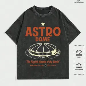 Men's Vintage Houston Astrodome Graphic T-Shirt - 230g Water-Washed Cotton Retro Streetwear Tee with "Eighth Wonder of the World" Print, All-Season Comfort, Machine Washable, Ideal Holiday Gift, Comfortable Clothing | Classic Round Neck | Soft T