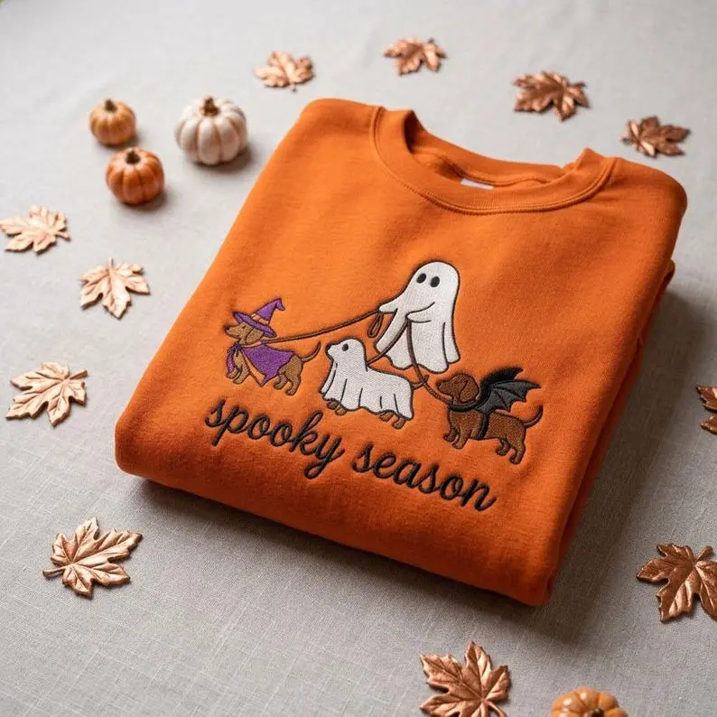 Spooky Dog Embroidered Sweatshirt, Halloween Ghost Puppy Crewneck with Witch Hat and Bat Wings, Cozy Fall Clothing for Animal Lovers