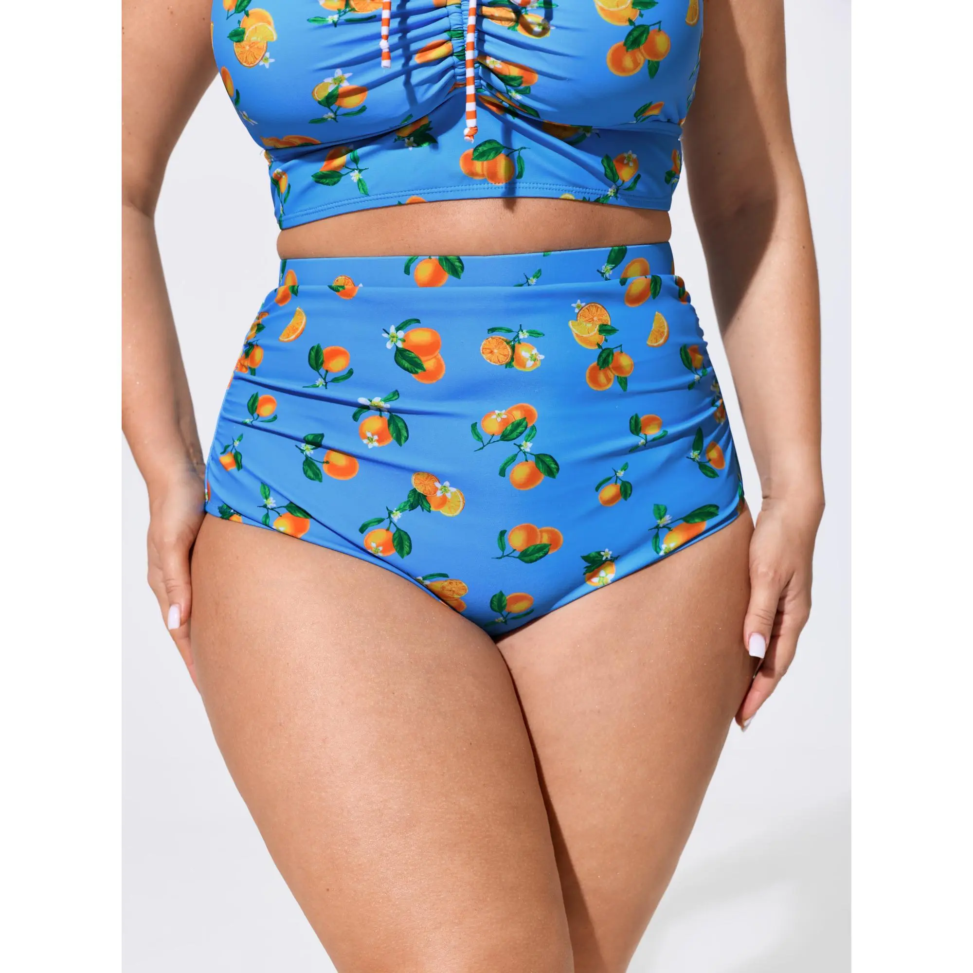 BLOOMCHIC Plus Size Citrus Print Ruched High Waisted Swim Bottoms - Women's Swimsuit,Tummy Control Swimwear,Swimwear for Women [M-6X] 2026 Summerfinds, Ruched Bikini Bottoms, Print Swimwear