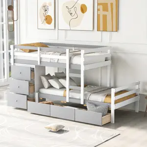 Gray Twin over Twin Loft Bunk Bed - Built-In Storage Drawers & Ladder, Sturdy Durable Bunk Bed with Safety Guardrails, Ideal for Bedroom Kids Room Dorm Small Space RR