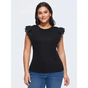 BLOOMCHIC Women's Plus Size Stretchy Flutter Sleeve Fitted Round Neck T-Shirt [M-6X] - Spandex-Polyester Fabric Garment, 2026 Summer Swimweek Vibes, Summer Deals