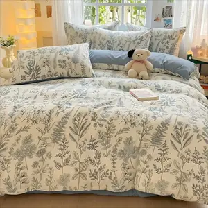 3-Piece Forest Blue Plant Print Bedding Set with Zipper, Comfortable Sheet Set for Bedroom and Guest Room, Includes 1 Fitted Sheet + 2 Pillowcases