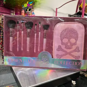 Pink Glitz Skull Essential Collection 8 Piece Makeup Tool Gift Set with 3 Face Brushes 4 Eye Brushes Bonus Storage Case for Flawless Beauty Routine