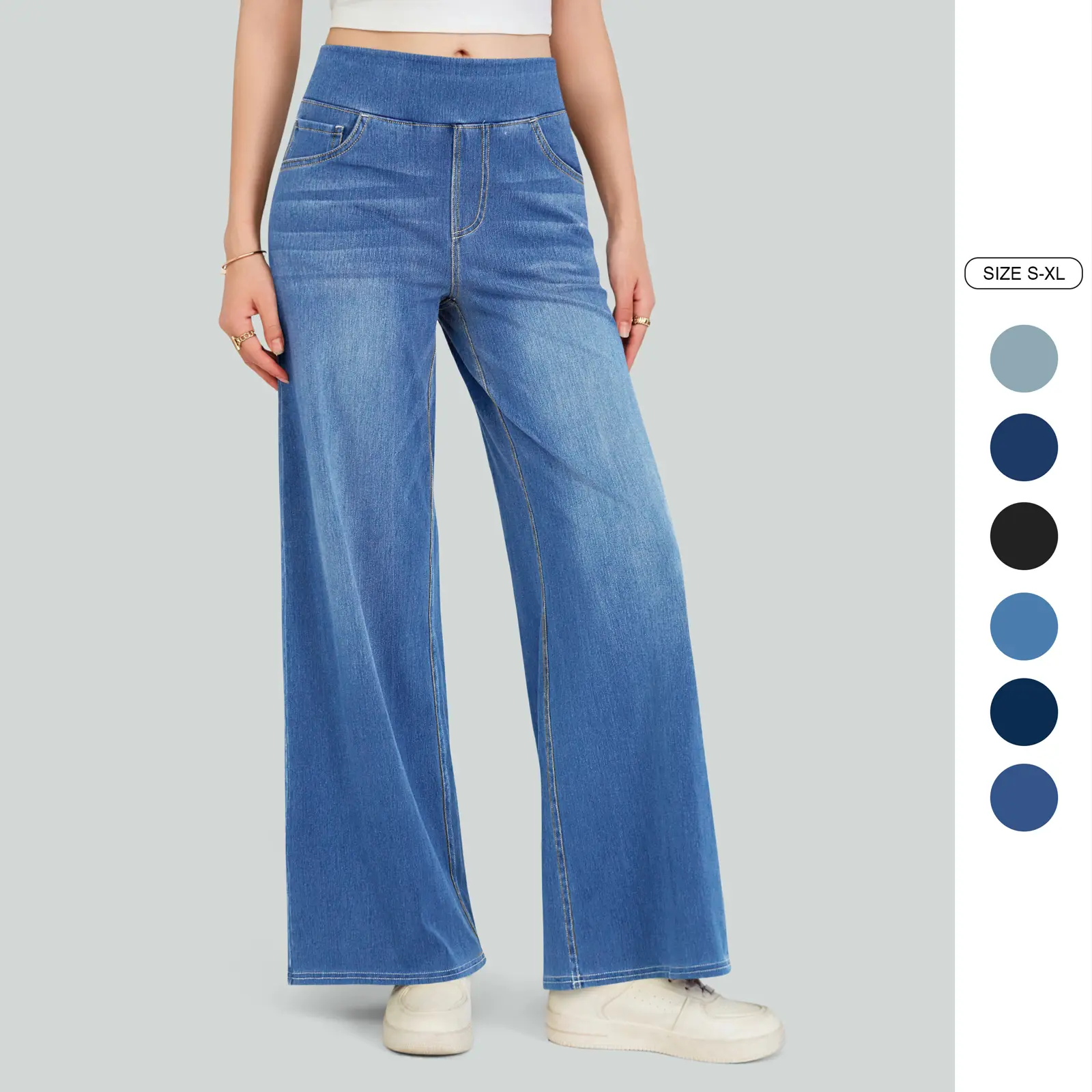 Imily Bela Womens High Waisted Wide Leg Jeans Elastic Waist Pants Casual Flare Trousers