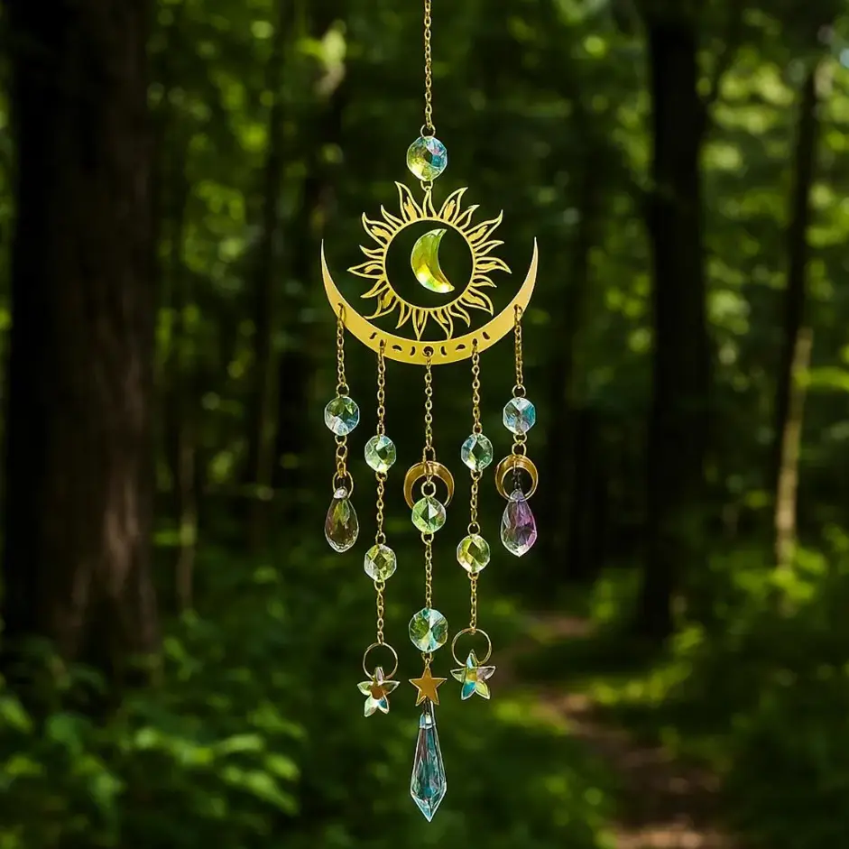 Crystal Sun Moon Wind Chime Hanging Decor, Boho Celestial Suncatcher with Prism Crystals, Window Hanging Ornament, Colorful Star Moon Wind Chime, Garden Decoration, Pendant Sun Catcher, Birthday Gift, Home Decoration, Garden Ornament, Outdoor Decoration