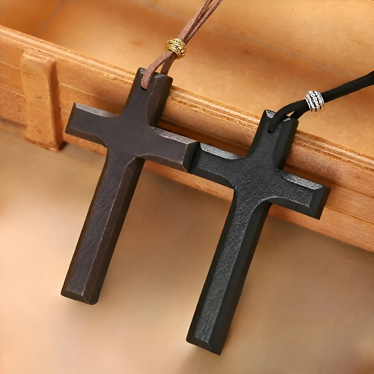 Unisex 2-Pack Minimalist Wooden Cross Necklaces - Handmade Religious Jewelry with Cross Shape, Letter Motif - Everyday Use Gift Set