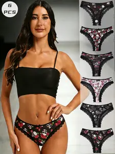 6 Pcs Women's Gothic Rose Skull Print Panties, Low Waist Lace Triangle Underwear, Comfortable Cotton Bottom, Dark Theme Lingerie, Soft Lace Panties