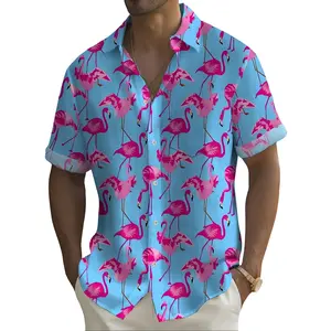 Plus-size men's flamingo pattern printed shirt for summer, Hawaiian short-sleeve men's shirt