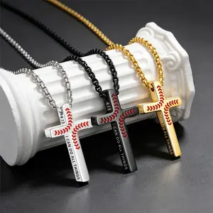 Baseball Bible Verse Cross Necklace for Boys Men, Stainless Steel Cross Pendant Baseball First Communion Confirmation Christian Religious Jewelry Gifts for Teen Boys Kids
