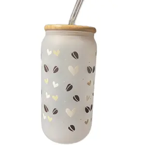 Iced Coffee Glass With Lid | Valentines Day | Hearts | Glass With Bamboo Lid | With Straw | Can Glass | Libbey