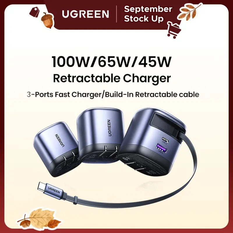 UGREEN 3-in-1 Compact GaN Wall Charger (45W/65W/75W/100W) - Foldable Plug, Retractable USB-C Super Fast Charging Smart Adapter Charger, Cordless Cellphone Protection Compatible for iPhone 17/16 Series, Galaxy, Pixel, iPad, tiktokshopstockup