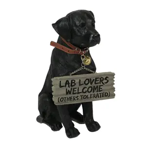 Black Lab Welcome Statue - Lifelike Resin w/ Reversible Sign for Homes