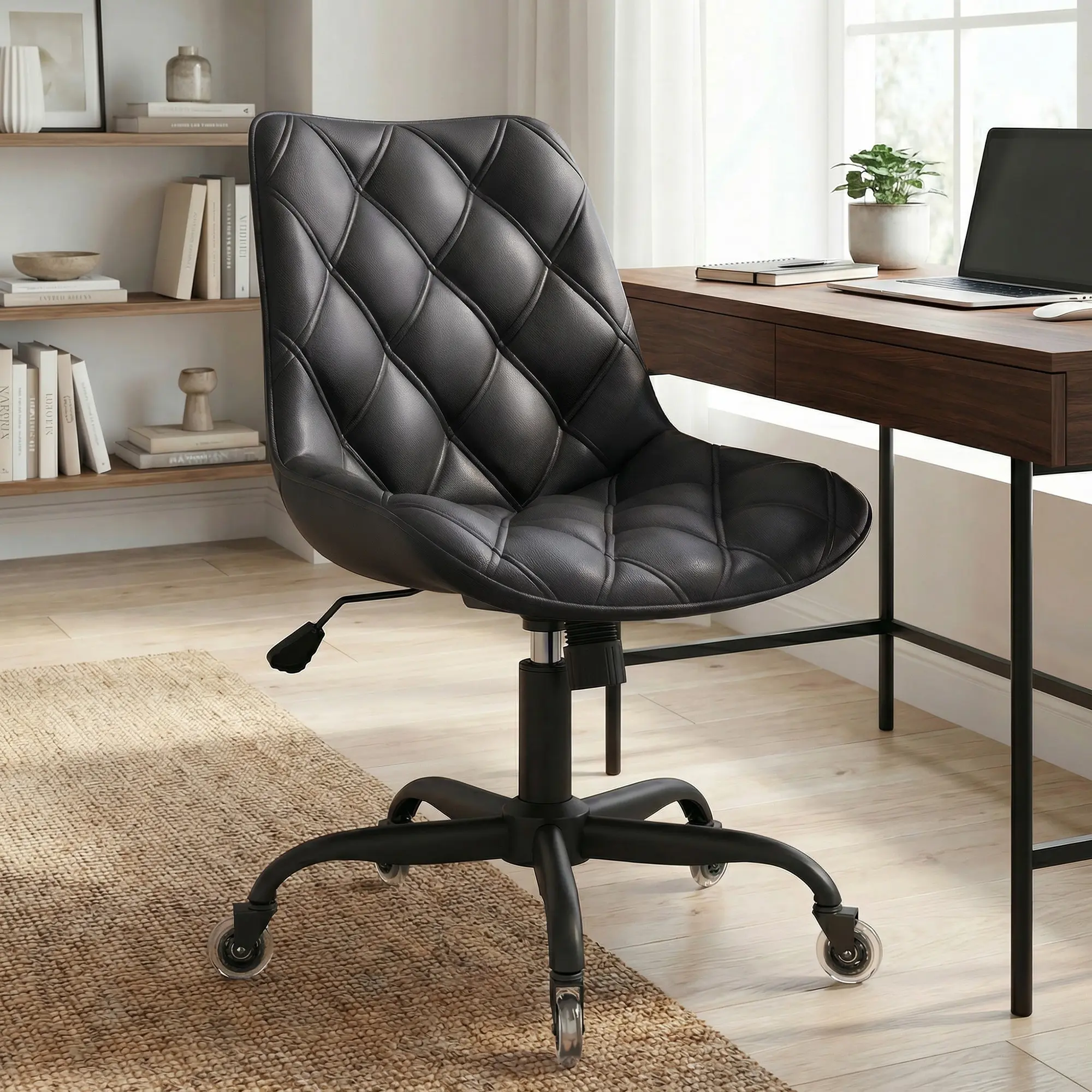 Armless Office Chair, Mid Back Modern Desk Chair with Rubber Wheels, 360 Swivel PU Leather Office Chair No Arms, Adjustable Height Small Computer Chair, Armless Desk Chair for Office