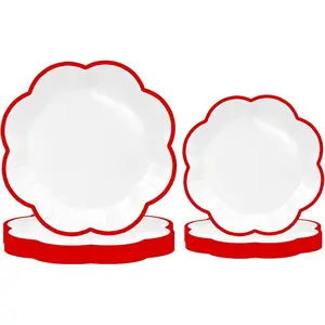 100pcs Red and White Scalloped Paper Plates 50pcs 7 Inches 50pcs 9 Inches White Plates with Red Trim Scalloped Paper Plate Disposable for Wedding Baby Shower Bridal Shower Party Supplies Decorations