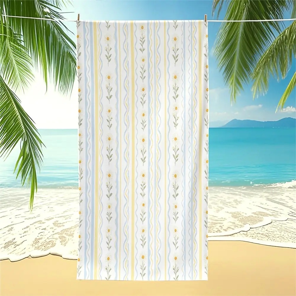 Fresh wave daisy striped beach towel, made of absorbent and quick-drying microfiber, lightweight and durable, colorfast and machine washable, perfect for vacation and swimming