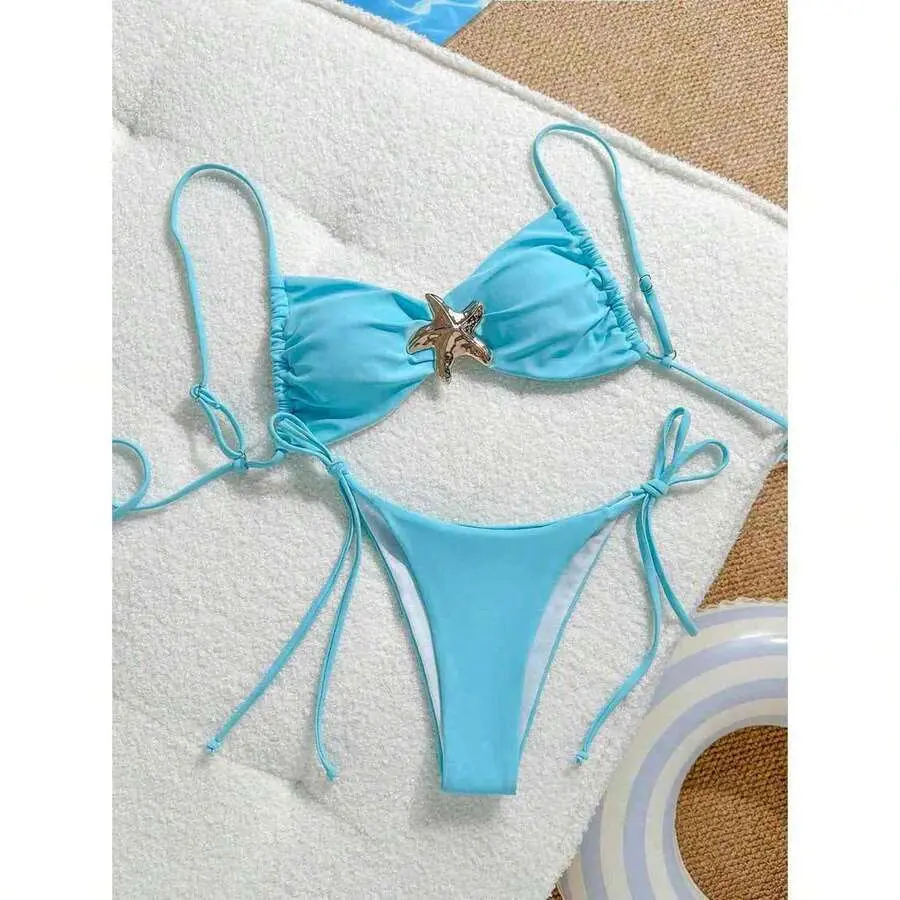 Women's 2-Piece Sporty Halter Bikini Set - Starfish Brazilian Swimsuit with Metal Details, Fabric Beachwear for Sports & Outdoor Activities, Sporty Bikinis
