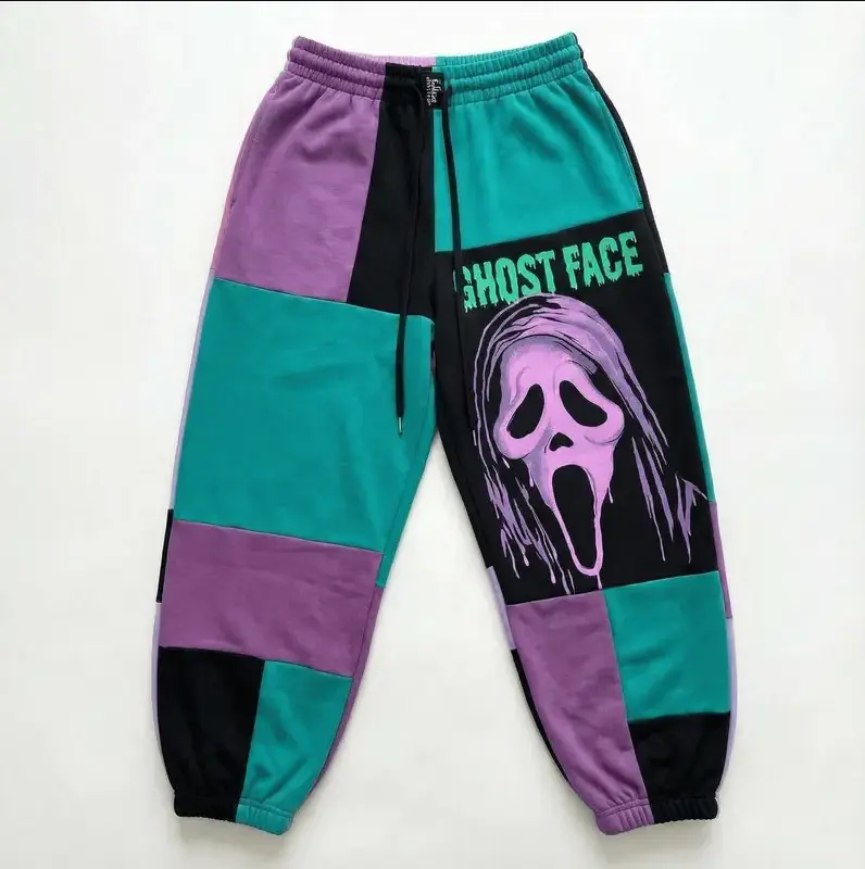 Ghostface Scream Patchwork Sweatpants, Unisex Neon Horror Graphic Jogger Pants