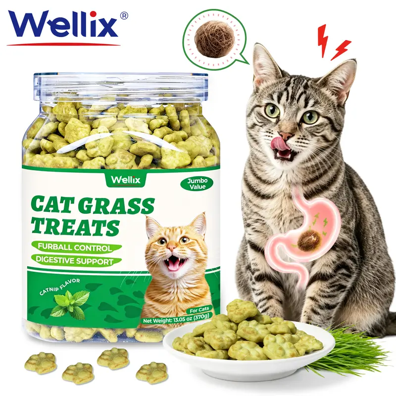 Wellix Cat Treats for Indoor Cats Hairball Control Natural Salmon Healthy Cat Grass Treats Kitten Snacks Training Biscuits Catnip for Cats Dental Care 3.1/13oz,#sohochic