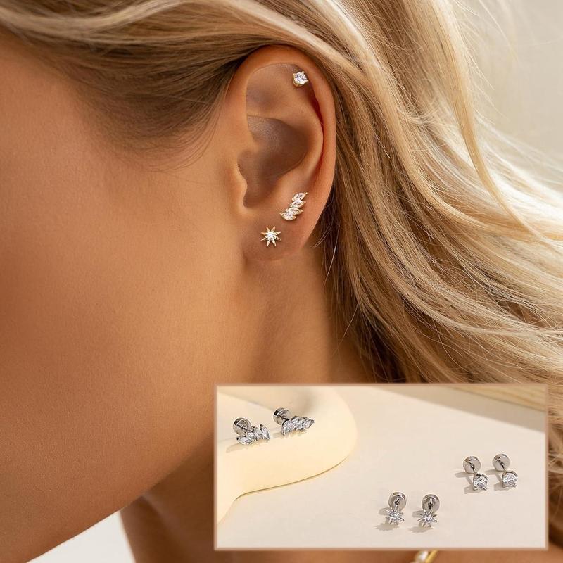 ZELORES 3 Pairs Sterling Silver Flat Back Earrings for Women Cartilage Stud Earrings Huggie Hoop Earrings Sets White Gold Plated Cubic Zirconia Stud Earrings Tragus Helix Piercing Jewelry