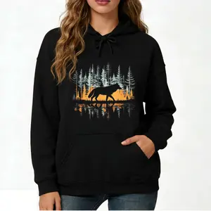 Comfortable Adult Hoodie in Black Featuring Graphic Wolf Nature