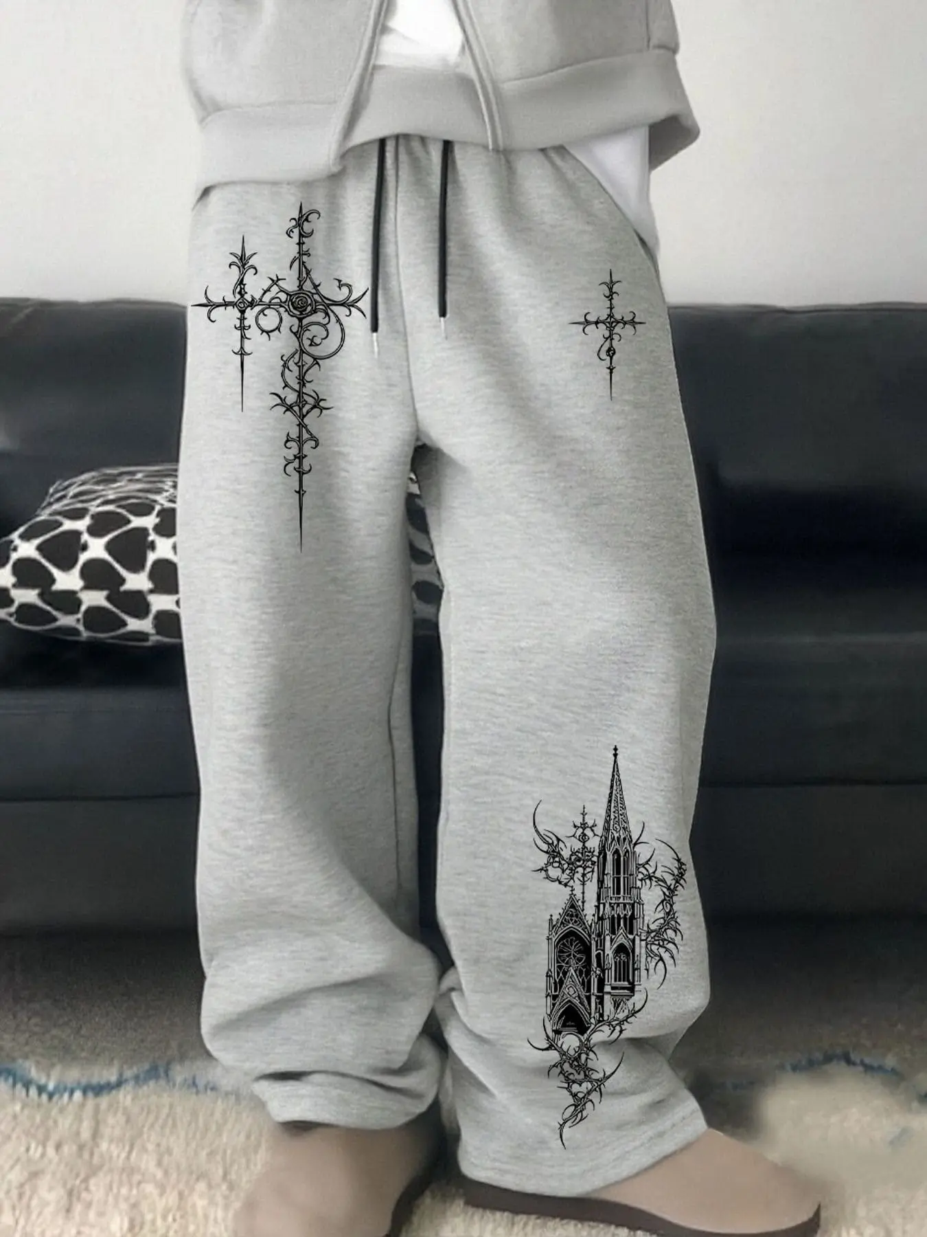 Oversized Wide Leg Graphic Trousers with Drawstring - Vintage Grey Gothic Print Sweatpants for Skater & Hip Hop Style - Heavyweight Loose Fit Pants for Daily Streetwear & Clubbing
