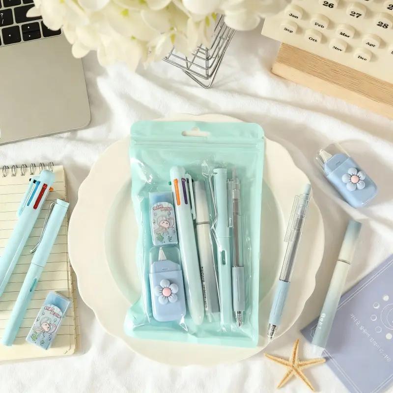 7 Pcs Cute Stationery Set Kawaii School Supplies Office Supplies Including Ballpoint Pens Pencil Sharpener Highlighter Correction Tape Ruler Utility Knife
