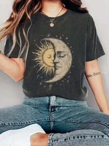 Women's Bohemian Style T-shirt with Mysterious Sun & Moon Face Print, Retro Hippie Style, Short Sleeve Casual Crew Neck Top, Perfect Choice for Women's Spring & Summer Wear