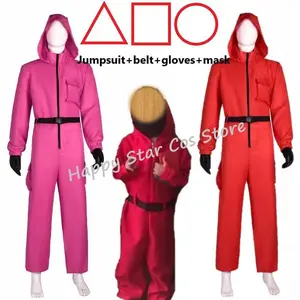 Halloween Calamari Game Guard Cosplay Costume Red Jumpsuit Outfit Adult KidsTeenagers Tracksuit Hooded Overall Gloves mask Set