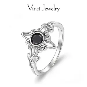 Sterling Silver Witch Knot Ring Celtic Trinity Knot Ring for Women, Witches Pagan Wicca Moon Irish Celtic Jewelry, Nudo de Bruja Plata 925 Original, Hecate Goddess of the Moon, Black CZ Dark Fantasy, Protection and Mysticism Amulet Gift for Girls
